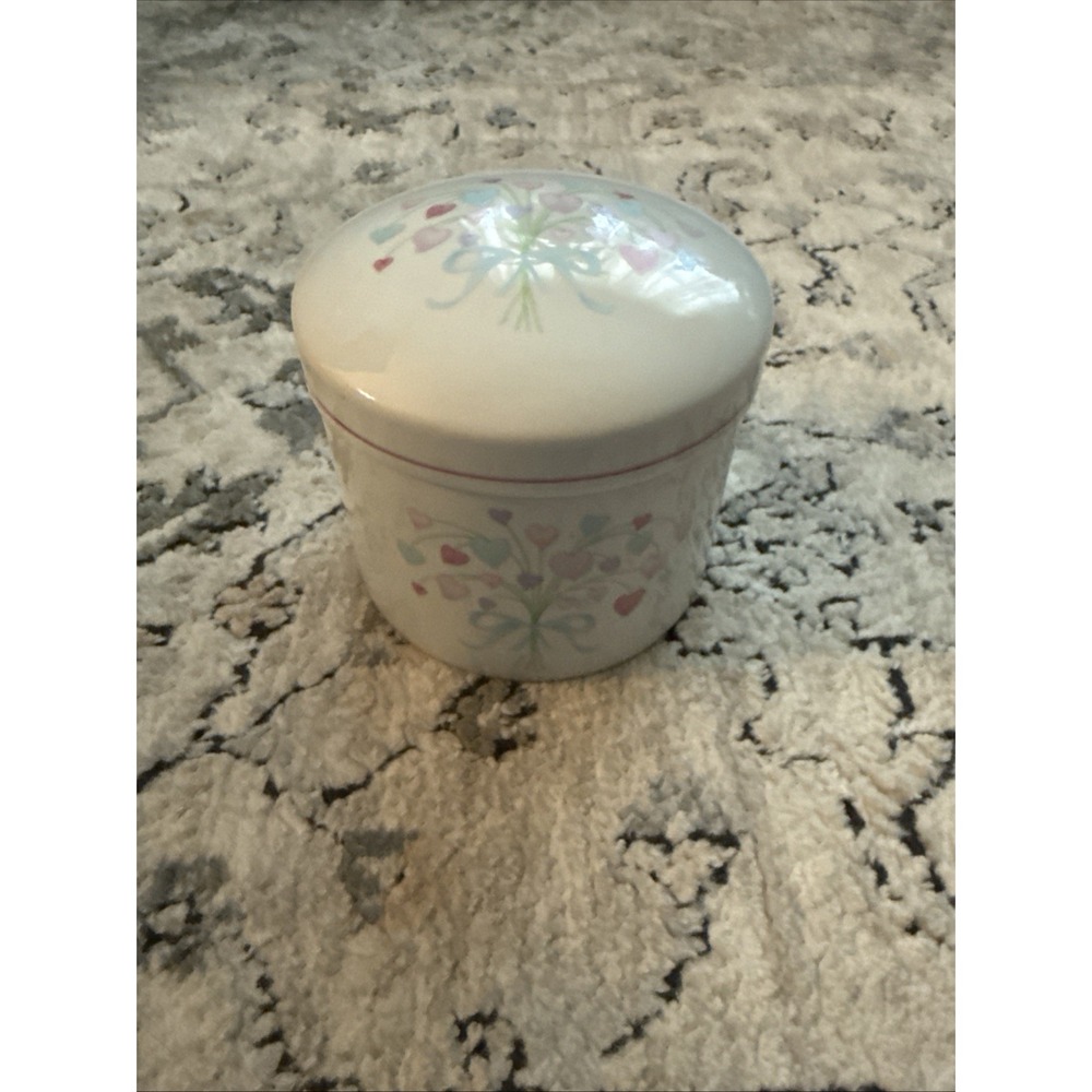 Vintage FDTA Pastel Heart Bouquet Canister/ Trinket Jar 1987 80's Deco